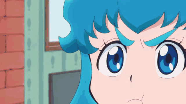 a cartoon character with blue hair and blue eyes