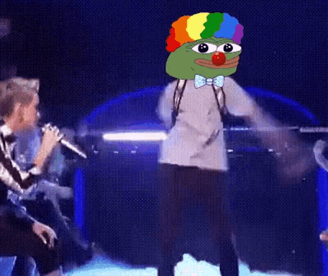 a cartoon of a clown with a rainbow hat is dancing on a stage