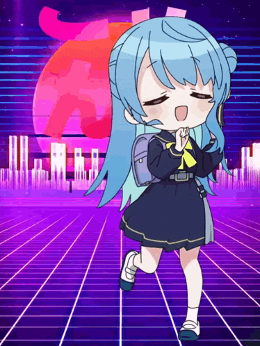 a girl with blue hair is running in front of a heart
