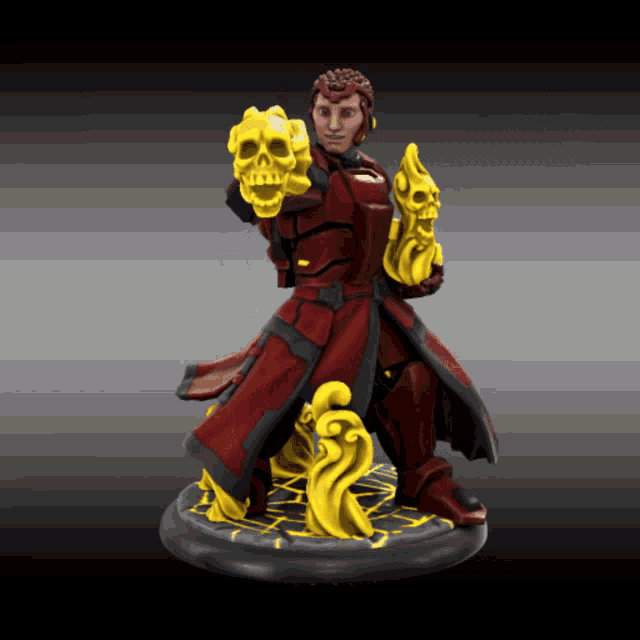 a statue of a man in a red robe holding two skulls in his hands