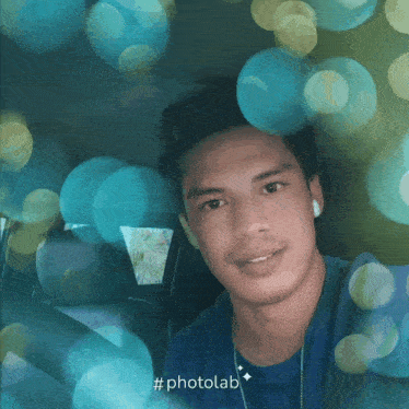 a man in a blue shirt is surrounded by blue bubbles and the hashtag photolab