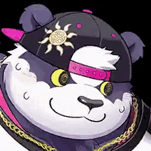 a cartoon panda bear wearing a hat with a sun on it