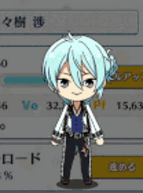 a cartoon character with blue hair is standing in front of a screen with chinese writing on it .