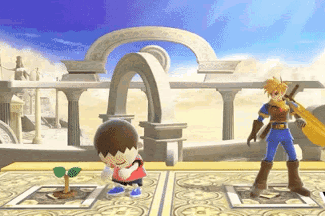 two video game characters are standing next to each other on a tiled floor
