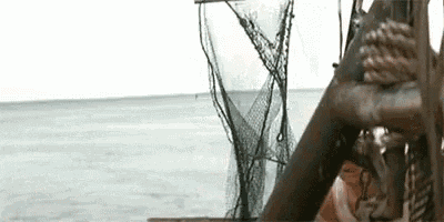 a boat is floating on top of a body of water with a fishing net in the background .