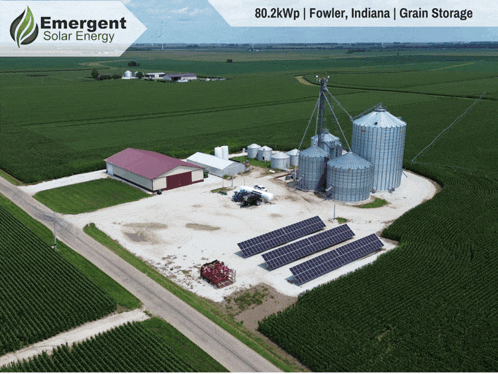 an ad for emergent solar energy shows a farm with grain silos and solar panels