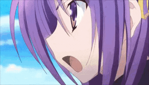 a close up of a purple haired anime girl 's face with a blue sky in the background .