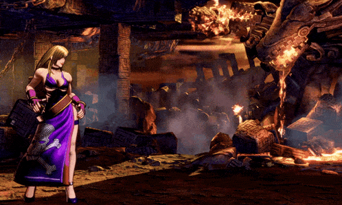 a woman in a purple dress with a skull on it