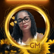 a woman with curly hair and glasses is in a gold circle with a sunflower in the background .