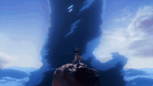 a painting of a person standing on top of a rock in front of a large body of water