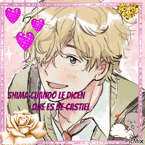 a drawing of a boy with the words shima cuando le dicen que es de castiel