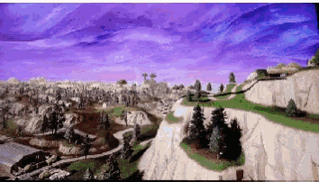 a computer generated image of a landscape with a purple sky and trees