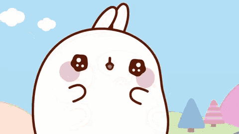 a cartoon bunny with a sad face is standing in a field with trees .