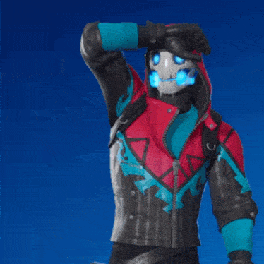a man in a blue jacket with a hood and a mask on his face is standing in front of a blue background .
