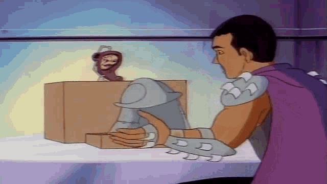 a man in a purple cape is holding a box with a monkey in it