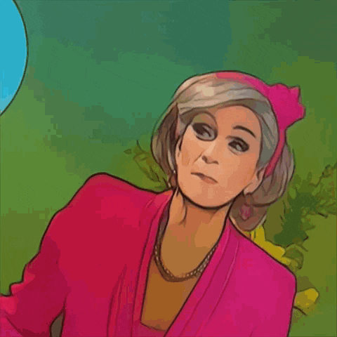 a cartoon drawing of an older woman in a pink robe