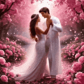 a painting of a bride and groom dancing under pink flowers .