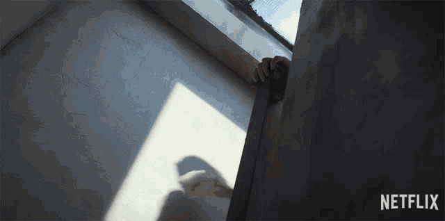 a person 's shadow is cast on a wall with the netflix logo in the corner
