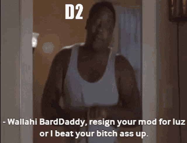 a man in a white tank top is standing in a hallway with the words " d2 " on the bottom