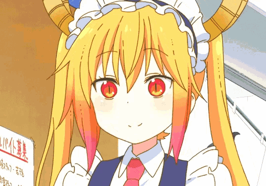 a drawing of a maid with red eyes and yellow hair