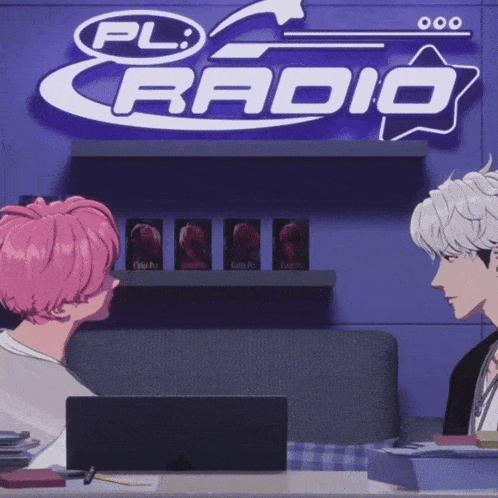a couple of anime characters sitting in front of a sign that says pl radio
