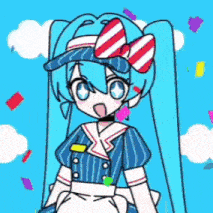a drawing of a girl with long blue hair wearing a hat