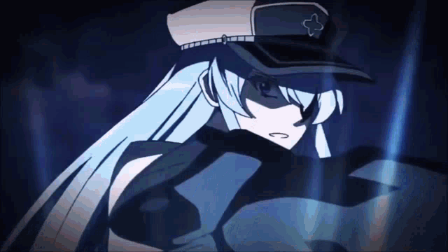 a girl with long blue hair is wearing a black hat with a cross on it