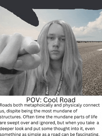 a black and white photo of a woman pointing at the camera with a caption that says cool road