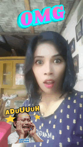 a woman with a surprised look on her face and the word omg above her head