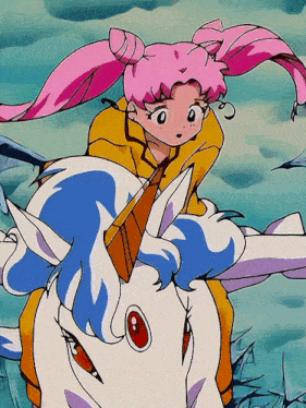 a girl with pink hair is riding a white and blue unicorn