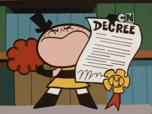 a cartoon character is holding a piece of paper with the word decree on it