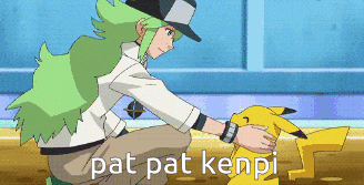 a cartoon of a man petting a pikachu with pat pat kenpi written below him