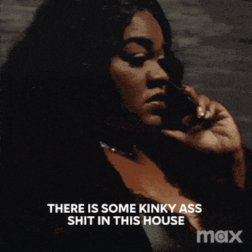 a woman talking on a phone with the words " there is some kinky ass shit in this house " next to her
