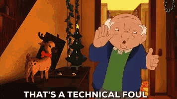 a cartoon character says that 's a technical foul while standing in front of a christmas tree