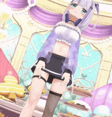a girl in a purple top and black skirt is standing in a room