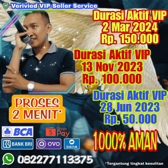 a man is talking on a cell phone with the words durasi aktif vip 2 mar 2024 rp 150.000