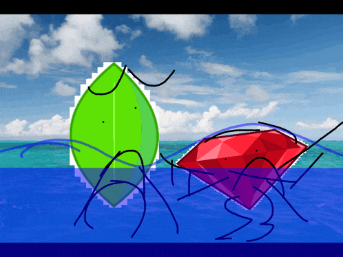 a green leaf and a red diamond are in the water