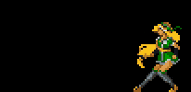 a pixel art of a woman in a green and yellow outfit walking