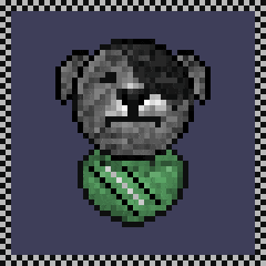 a pixel art of a teddy bear with a green scarf around its neck