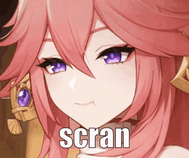 a close up of a girl with pink hair and purple eyes with the words scran below her