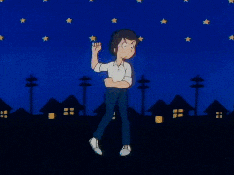 a boy and two girls are dancing in front of a starry night sky