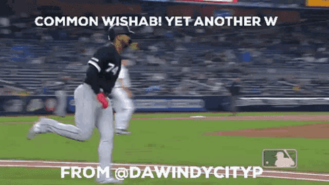 a baseball player is running on the field with the caption " common wishab "