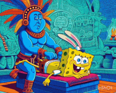 a cartoon of spongebob getting a massage from an ancient native american