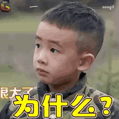 a young boy in a camouflage jacket is making a funny face in a foreign language .