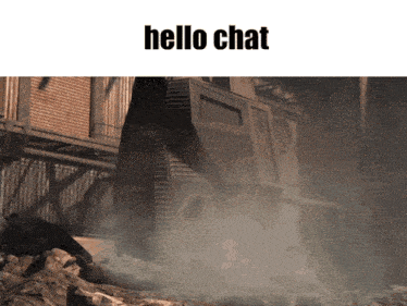 a picture of a building with smoke coming out of it and the words hello chat above it