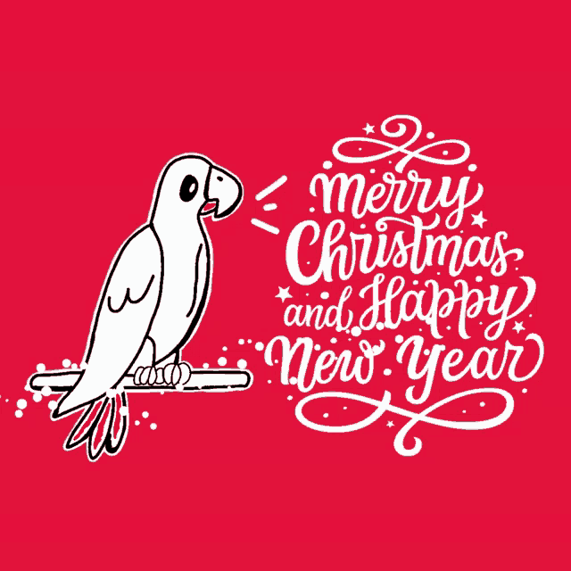 a parrot is sitting on a branch with the words merry christmas and happy new year written below it