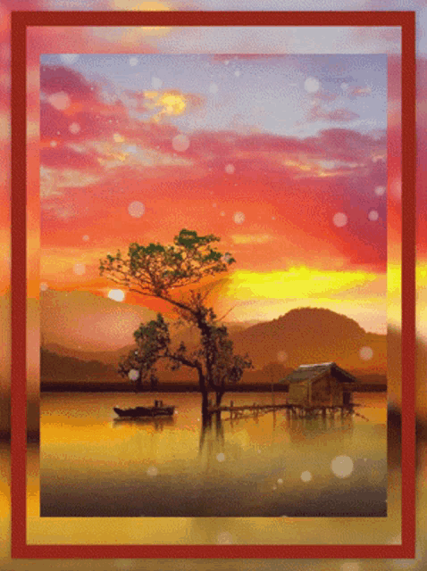 a painting of a sunset over a lake with a tree in the middle