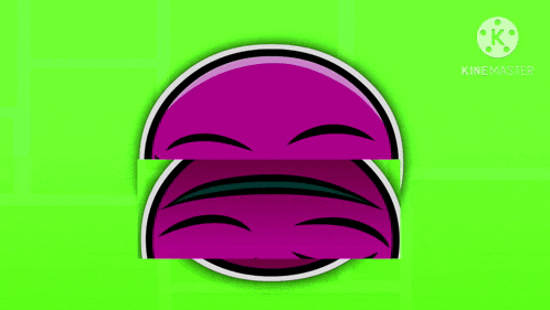 a purple cartoon face with a surprised look on its face on a green background .