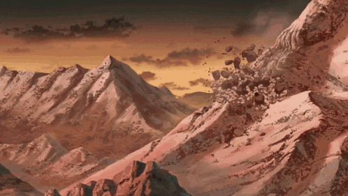 a painting of a mountain range with rocks falling off the cliff