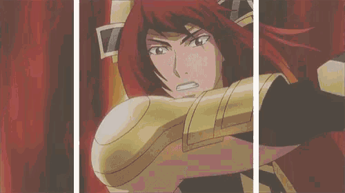 a man with red hair and horns is wearing a gold helmet and shield .